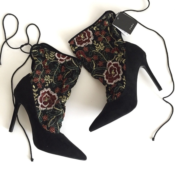 Zara Shoes - ZARA Stiletto Heels Embroidered Floral Lace Sock